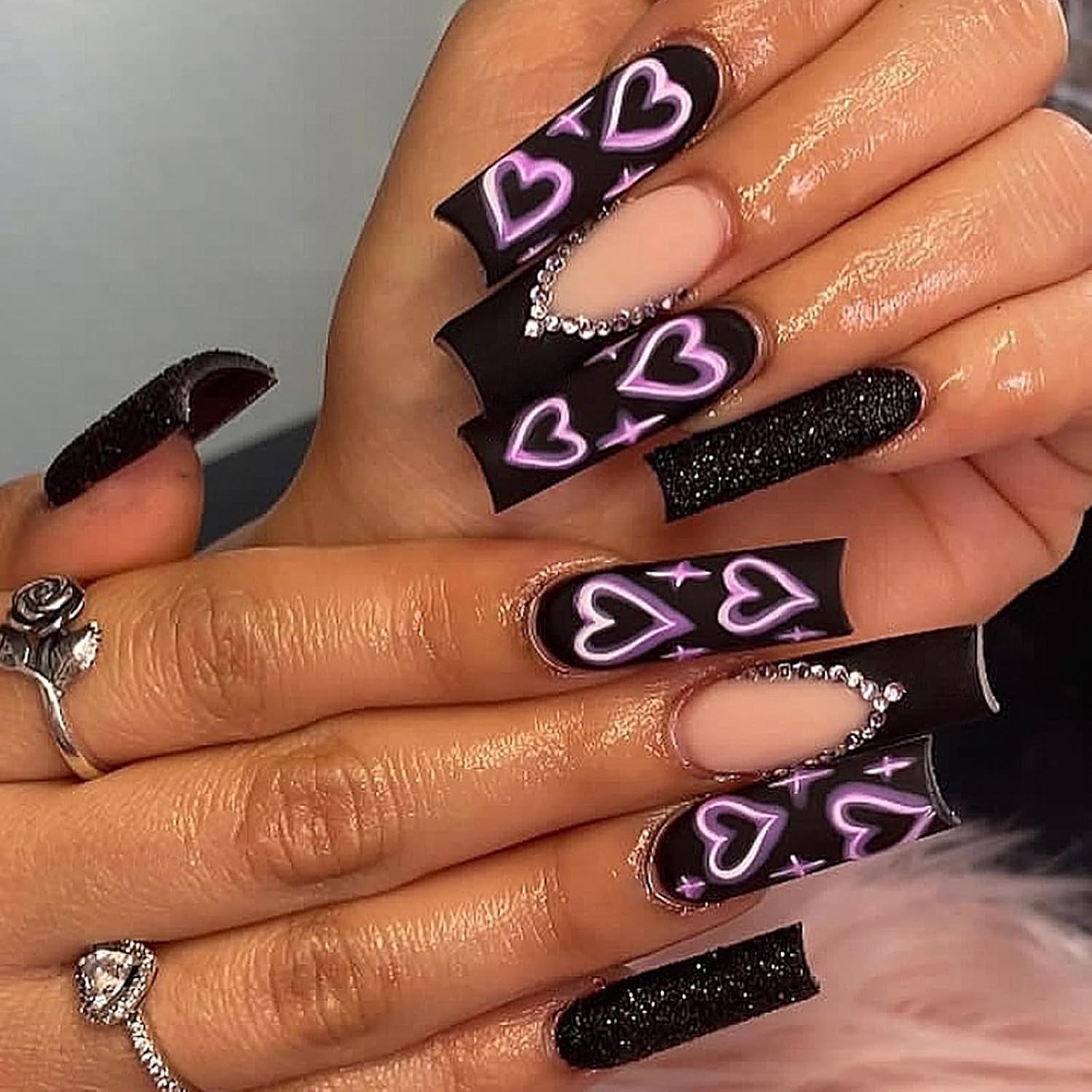 MISUD Long Square Press-On Nails - Black French Tip with Acrylic Flower Rhinestone Design, 24 Pcs