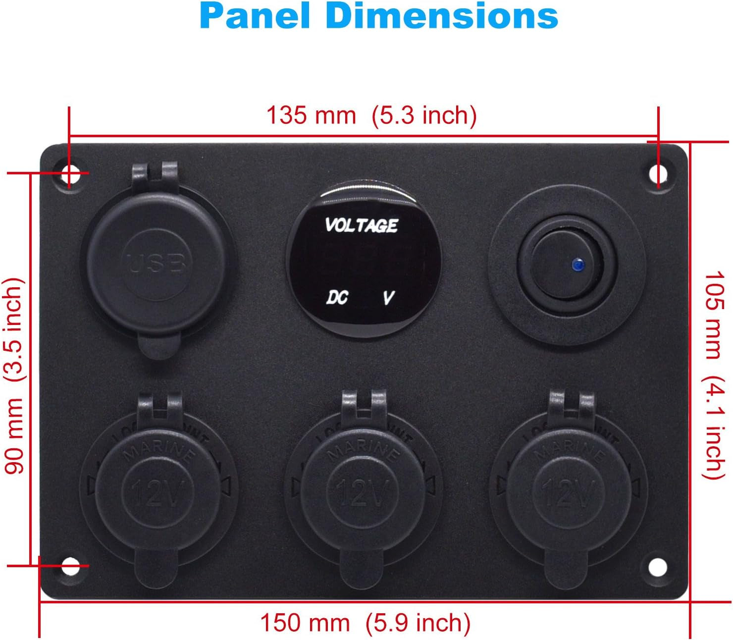Dual USB Socket Charger 2.1A&2.1A + LED Voltmeter + 3-Socket 12V Cigarette Lighter Power Outlet Adapter + On-Off Toggle Switch Multi-Functions Panel for Car Marine Boat Rv Truck Mobiles (Blue)