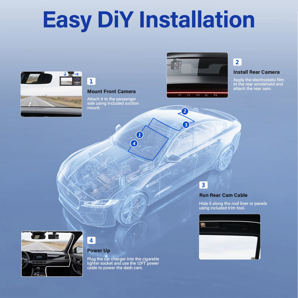 Dash Cam Front and Rear, 3 Channel Dash Cam, 1080P Dash Camera for Cars, Built-In Wi-Fi, Night Vision, Loop Recording