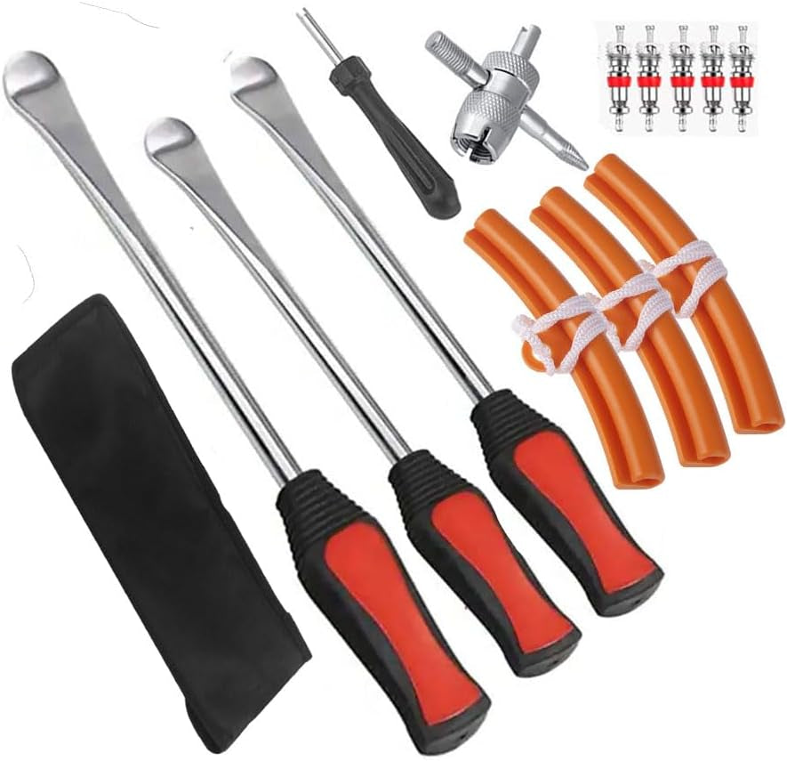 14.5"Tire Spoons Motorcycle Dirt Bike Tire Changing Tools Iron Set ,Tire Spoon Levers Tire Changer Kit for ATV Lawn Mower with Tire Spoons, Rim Protector, Valve Tool ,Valve Cap and Valve Cores