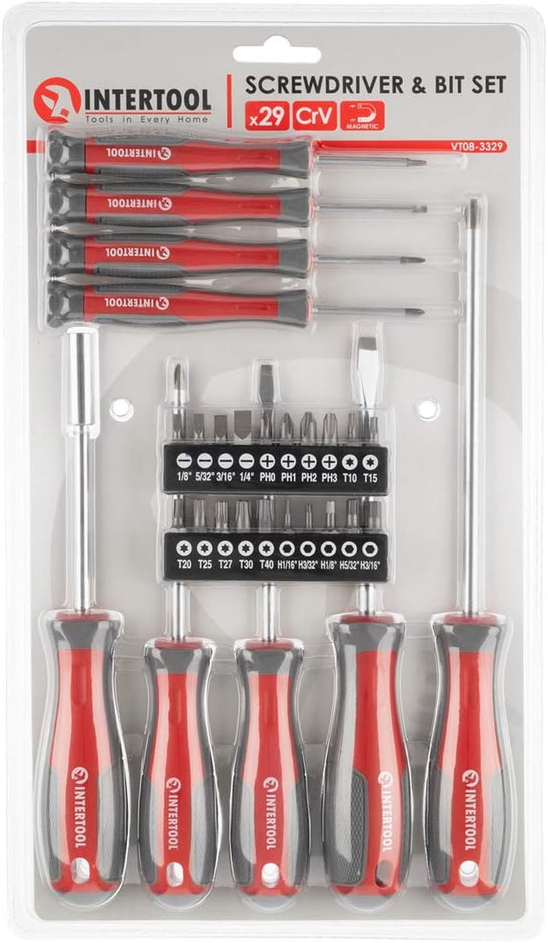 INTERTOOL Magnetic Screwdriver & Precision Driver Set - Cr-V Steel with Cushion Grip Handles - Phillips, Flat Head, Torx, Hex Bits Included - VT08-3329
