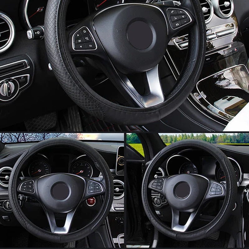 Premium Black Leather Steering Wheel Cover for 15" (37-38CM) - Enhanced Grip Car Accessory