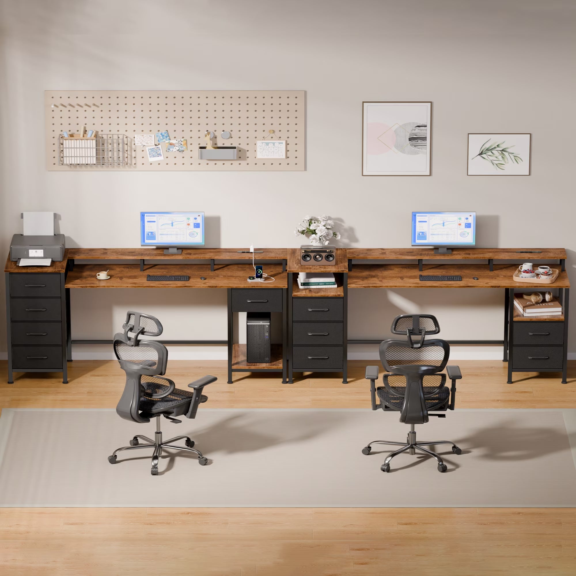 Gaming Desk with LED Lights & Power Outlets, 66" Computer Desk with 5 Fabric Drawers & Open Storage, Reversible Home Office Desk,Retro Brown