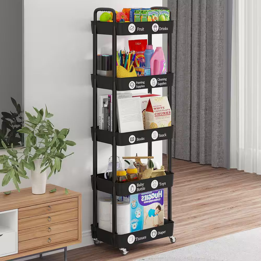 5-Tier Black Storage Organizer with Wheels and Classified Stickers, Utility Storage Carts for Bathroom, Laundry, Kitchen