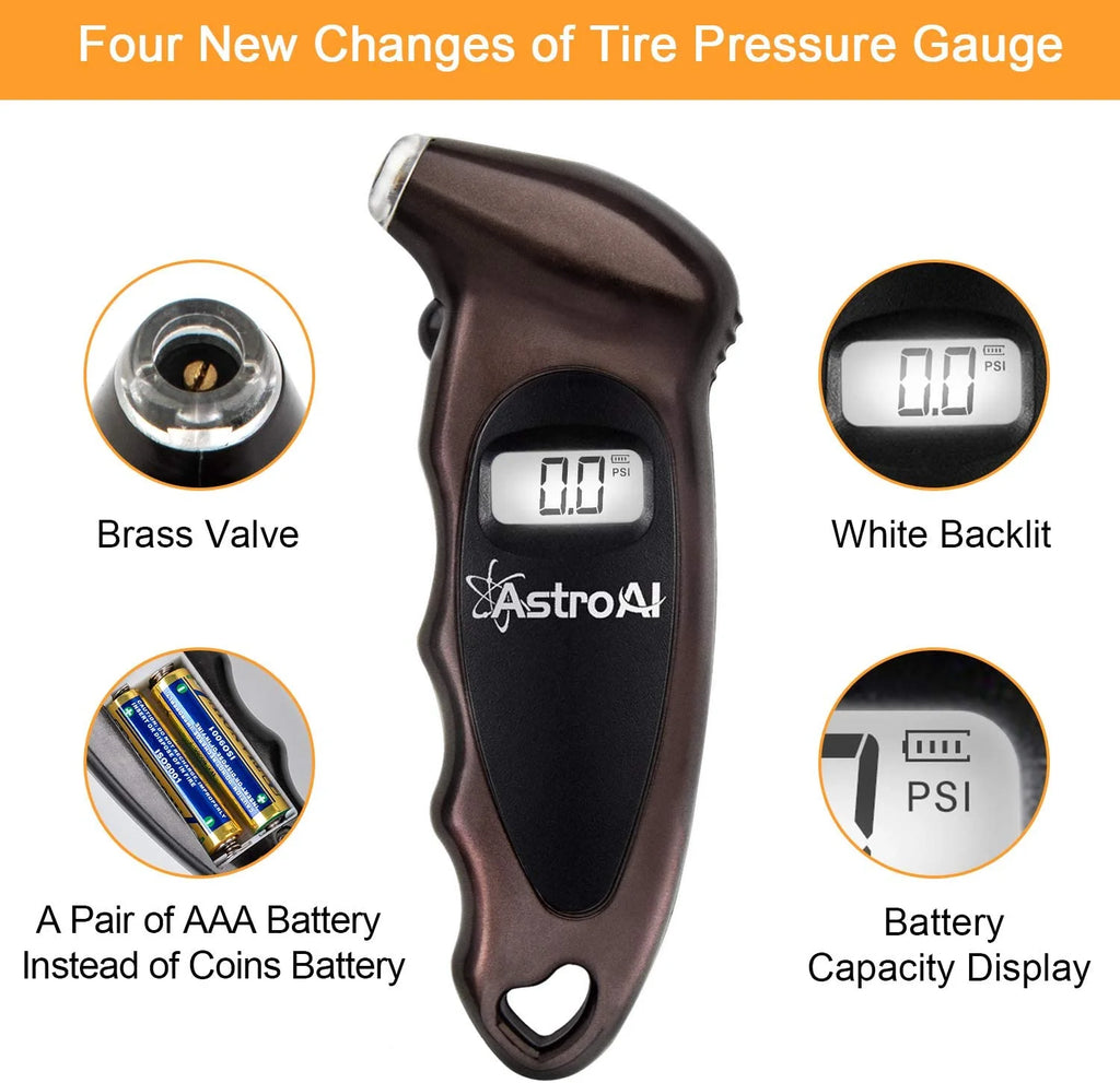 Digital Tire Pressure Gauge, Backlit LCD, 3A Battery, 150 PSI, Brown, 1 Pack, for Car/Truck/Bicycle