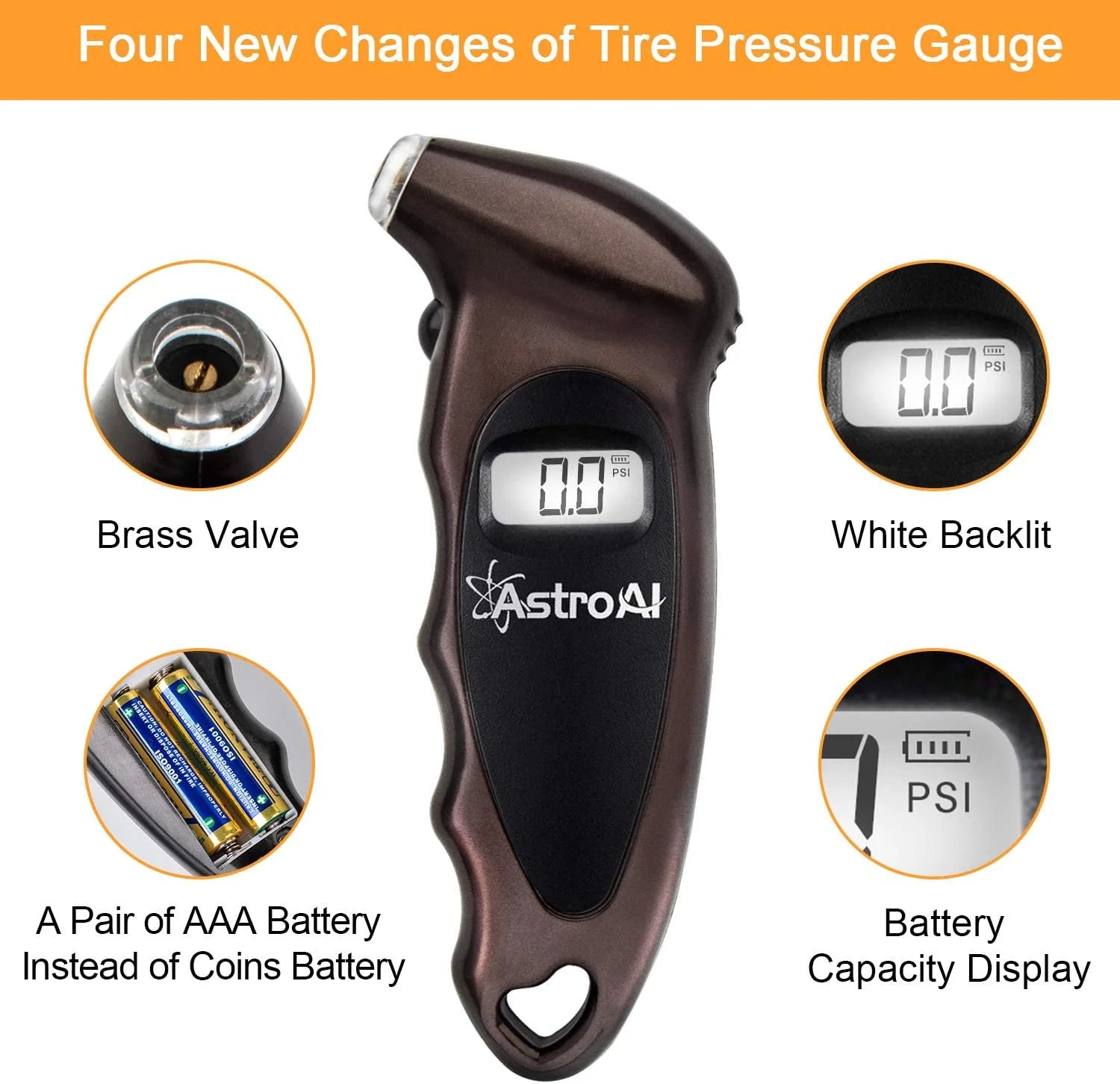 Digital Tire Pressure Gauge, Backlit LCD, 3A Battery, 150 PSI, Brown, 1 Pack, for Car/Truck/Bicycle
