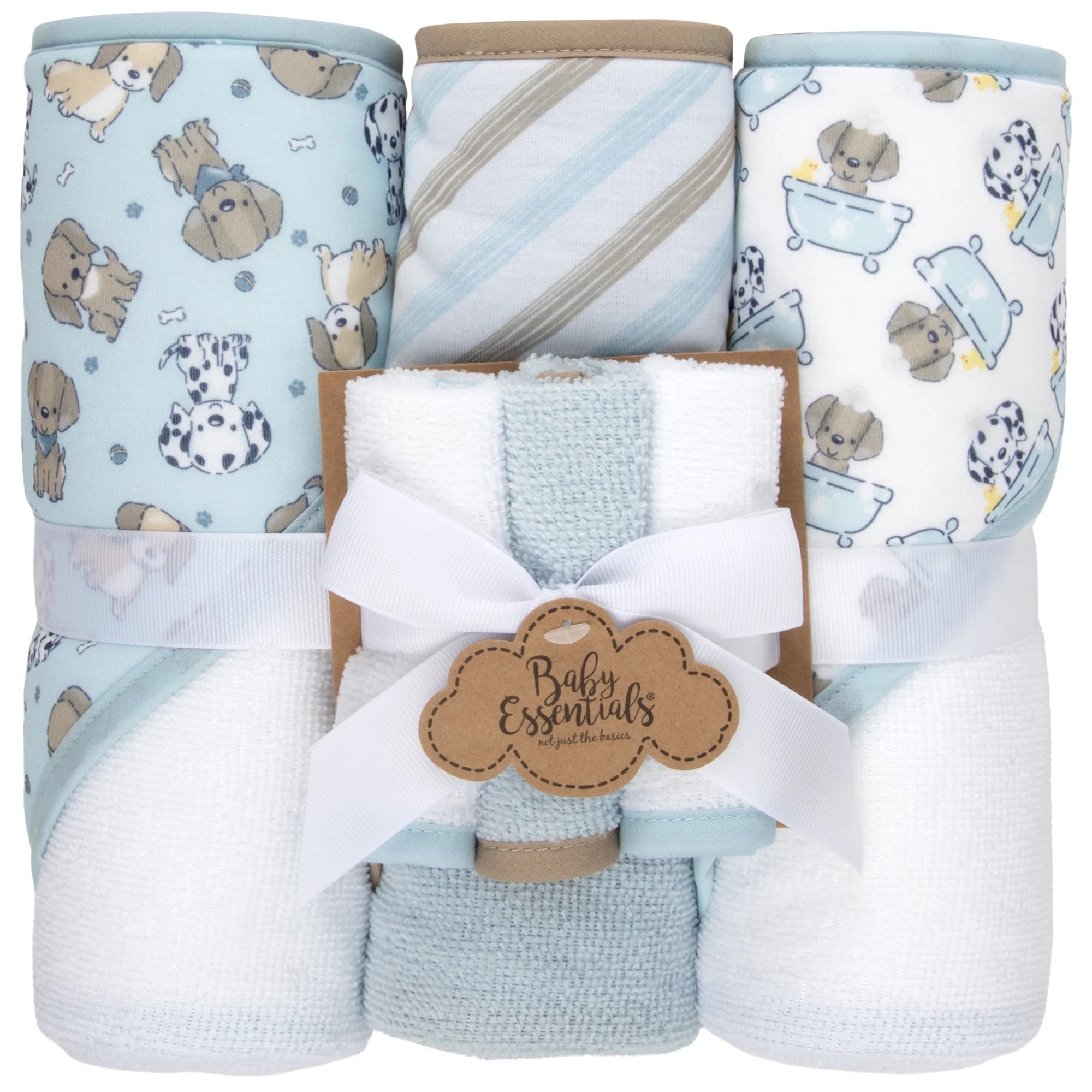 Baby Essentials 6 Piece Hooded Bath Towel Washcloth Set for Infant, Newborns, Toddlers 3 – 24 Months for Bath Time, Showers, Lounge, Beach, Pool in Dinosaurs & Stripes