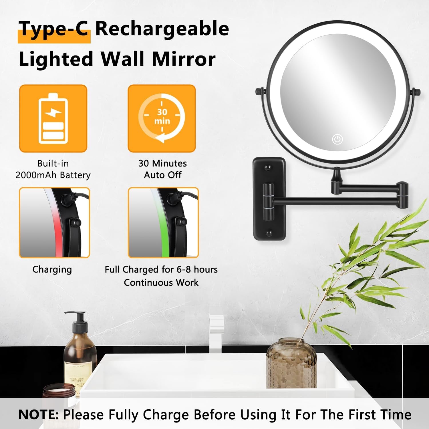 DECLUTTR Wall Mounted Lighted Makeup Mirror, 8" Rechargeable Double Sided 1X/10X Magnifying Mirror with Light, 3 Color Lights, Touch Dimmable, 360° Rotation Foldable Extended Arm, Black