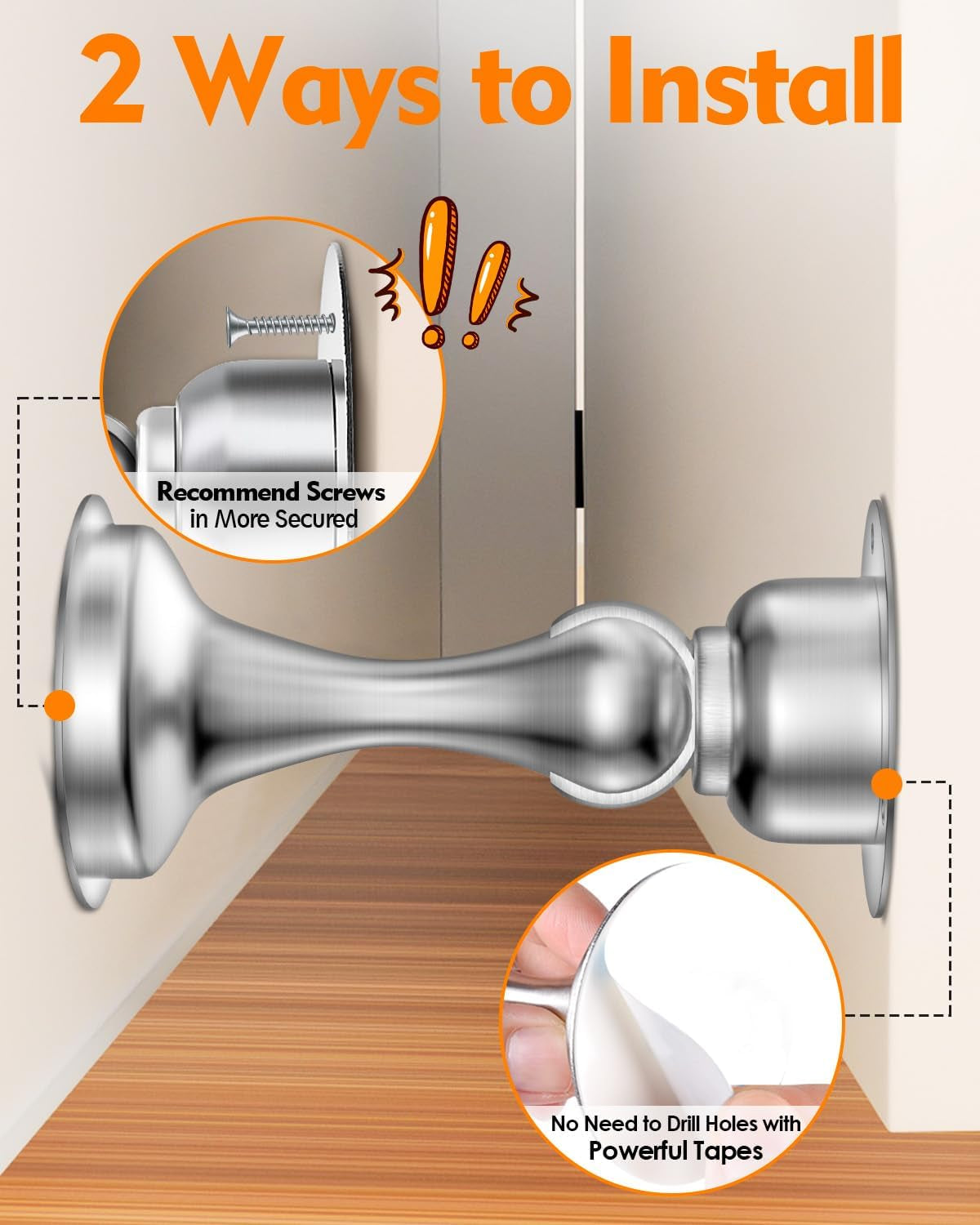 Magnetic Door Stoppers - 2 Pack Stainless Steel with No-Drill Adhesive for Strong Hold - Perfect for Wide Doors