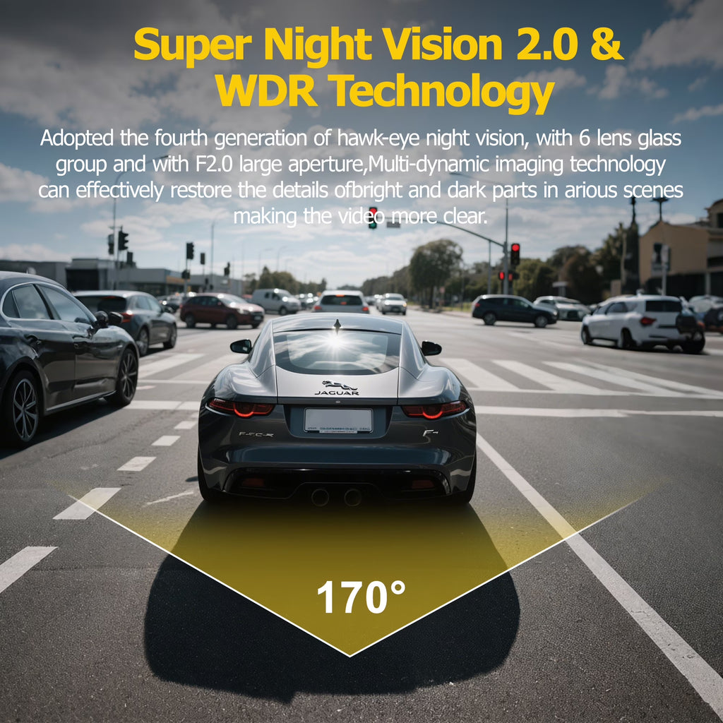 4K Full UHD 3-Channel Car Dash Cam - Front & Rear Cameras with 32GB Card, 2.0'' IPS Screen, Super Night Vision, WDR & Parking Monitoring