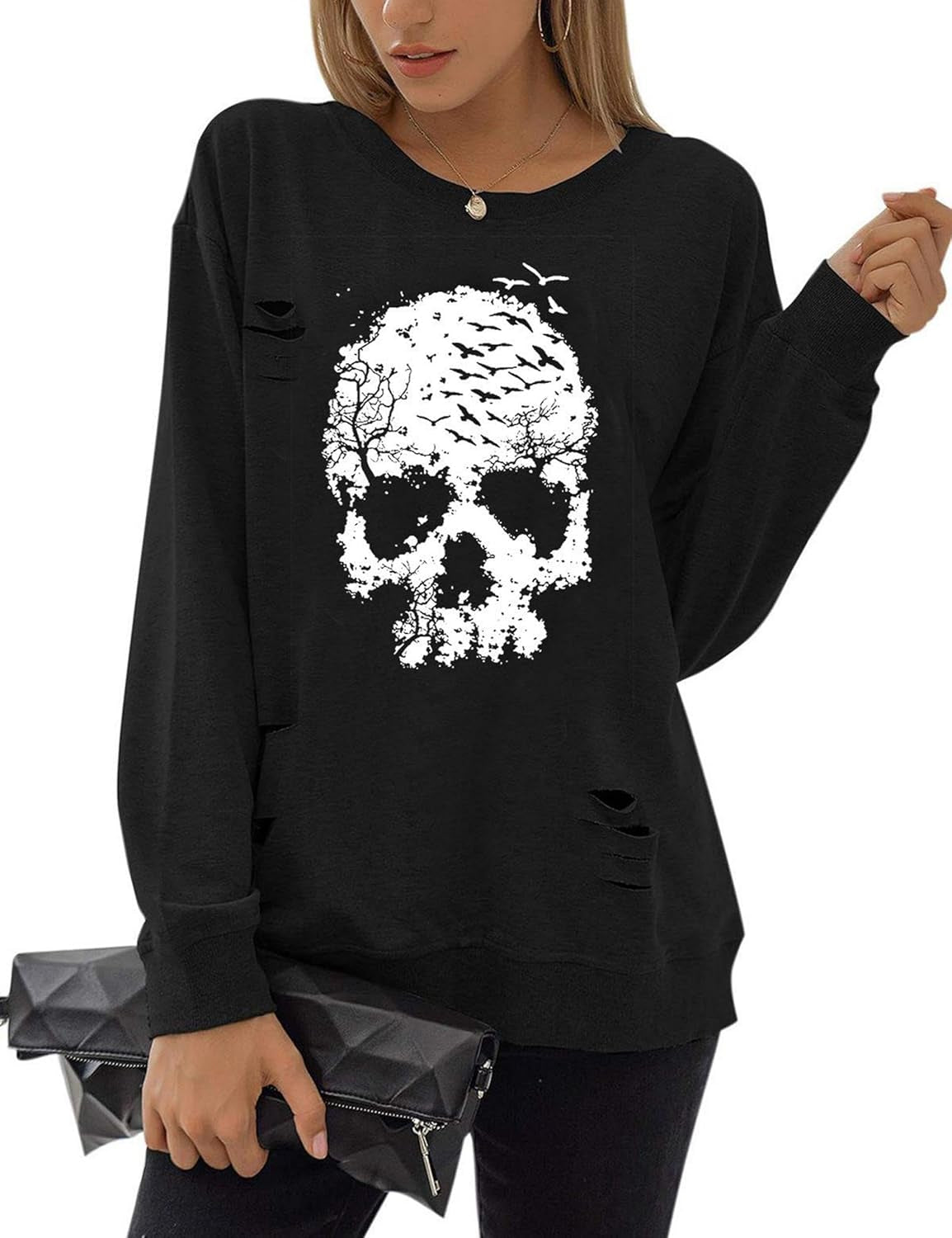 Blooming Jelly Women'S Halloween Sweatshirts Skull Graphic T Shirts Long Sleeve Pullover Tops Gothic Fall Clothes 2025