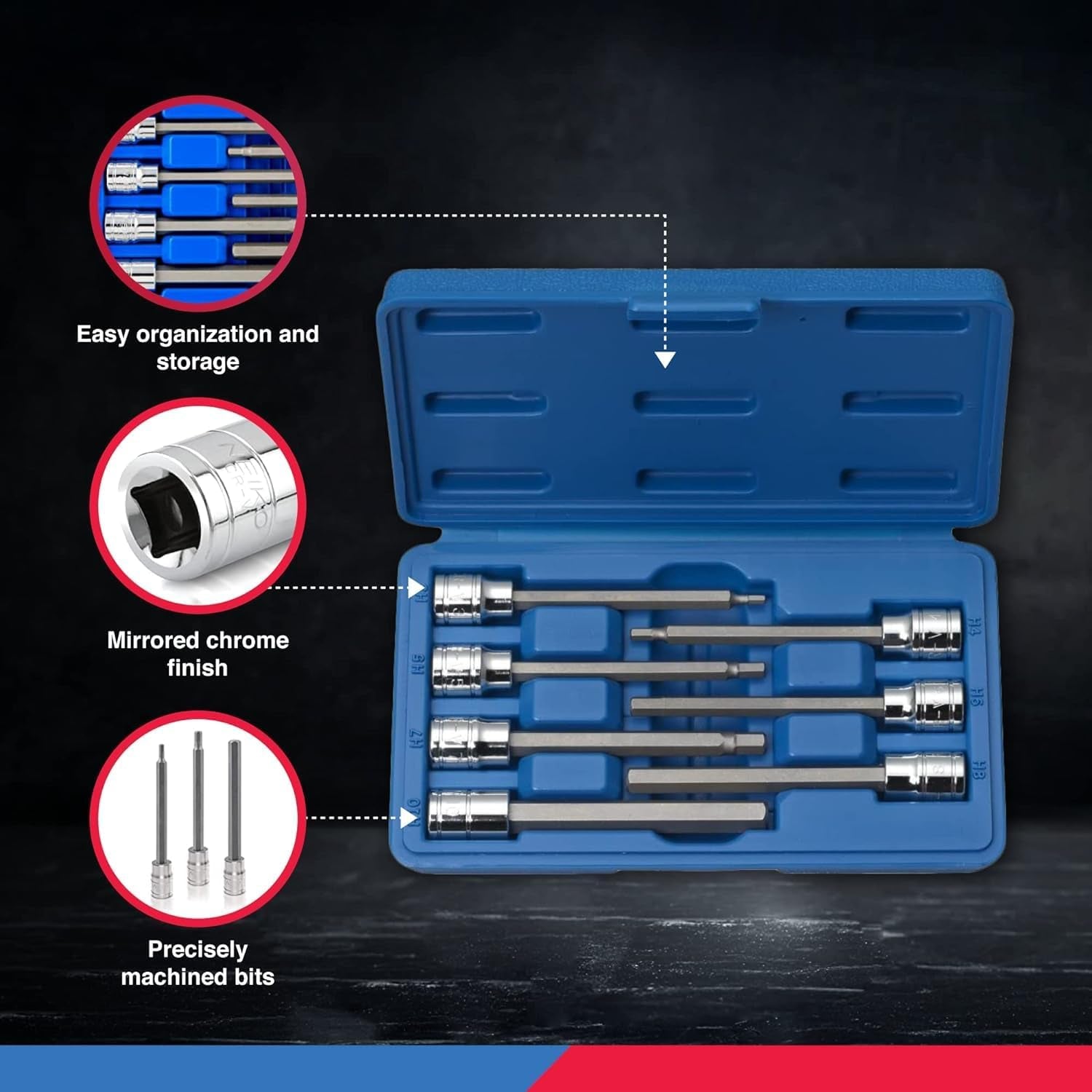 Neiko 10072A 7-Piece Extra Long Allen Hex Bit Socket Set - 3/8-Inch Drive, SAE, Durable S2 & Cr-V Steel, 1/8-Inch to 3/8-Inch