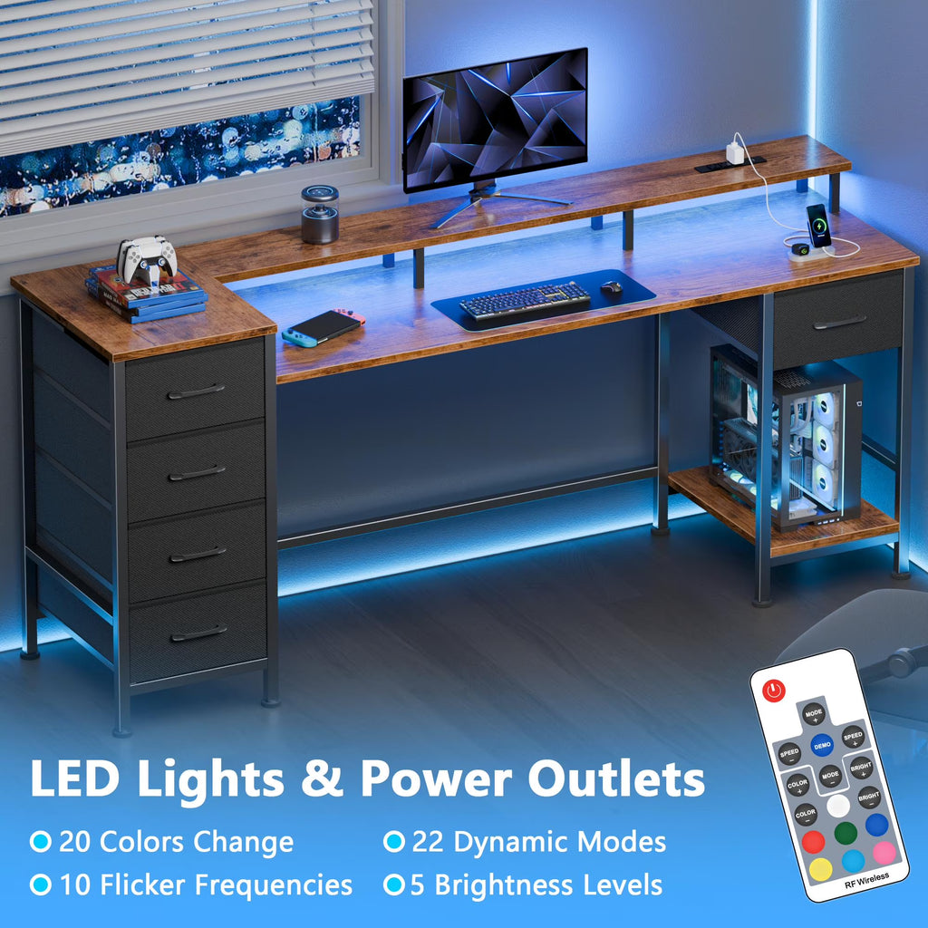 Gaming Desk with LED Lights & Power Outlets, 66" Computer Desk with 5 Fabric Drawers & Open Storage, Reversible Home Office Desk,Retro Brown