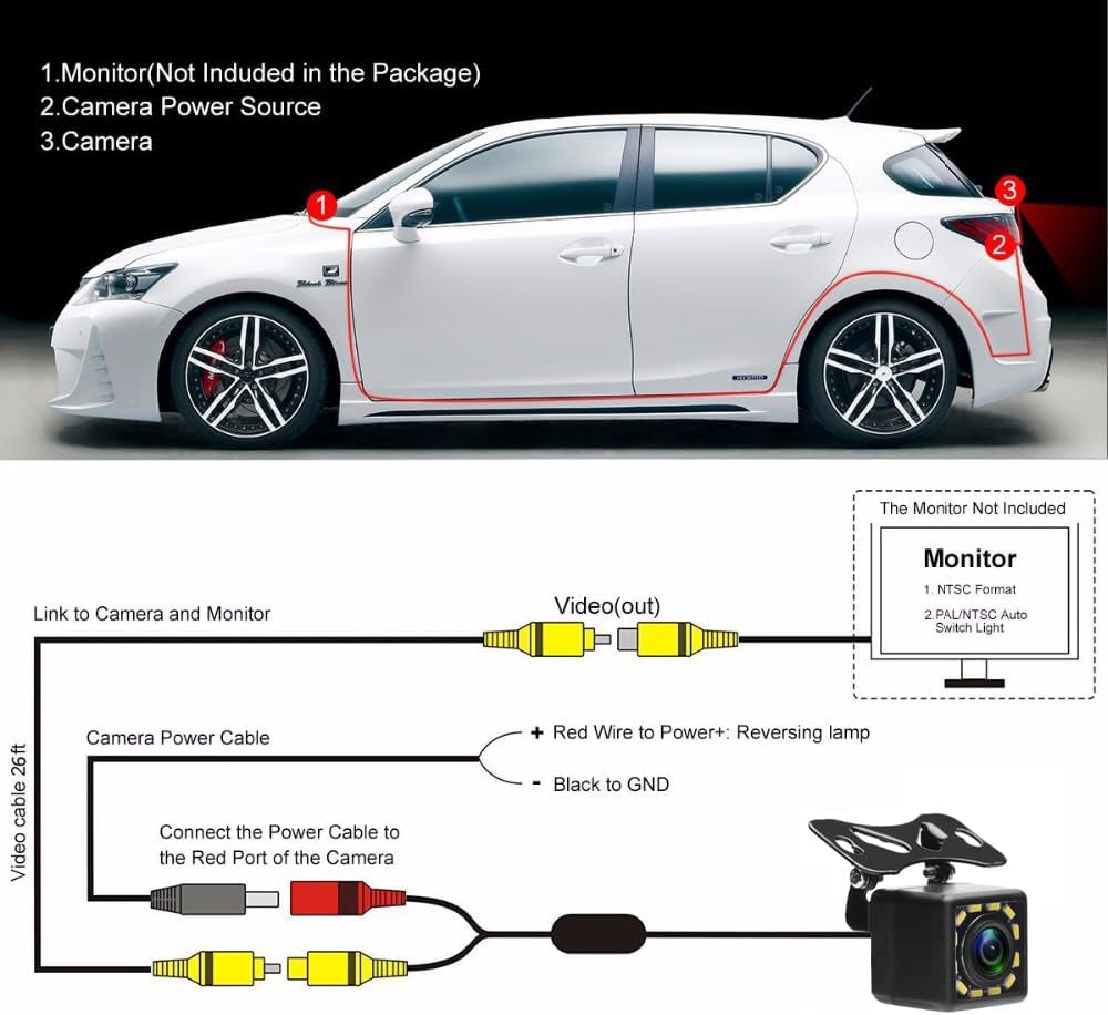 Car Backup Camera, Rear View Camera Ultra HD 12 LED Night Vision,Waterproof Reverse Camera 170° Wide View Angel for Universal Cars,Suv,Trucks,Rv and More (HD)