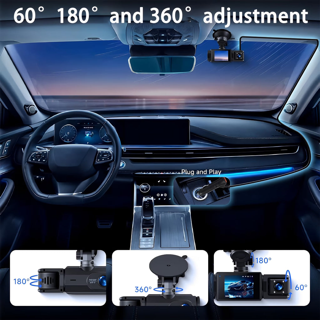 TIKBBRMG Dash Cam Front and Rear,Triple Camera,1080P Full HD Dashcam for Cars Backup Camera,Included 64GB Card,Built-In Wi-Fi GPS,2” IPS Screen, Night Vision, 140°Wide Angle,Wdr, 24H Parking Mode