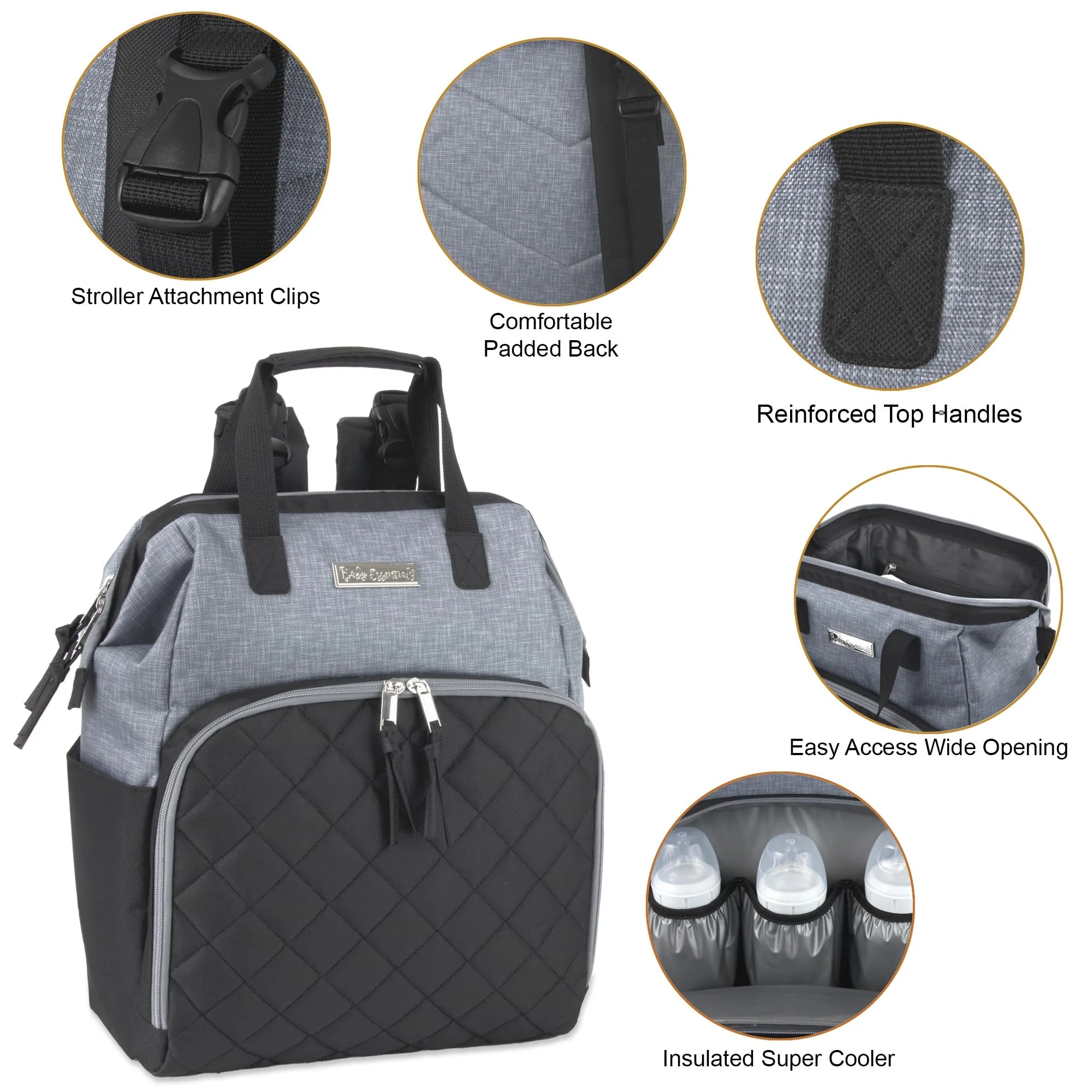Baby Essentials Super Cooler Main Frame Dual Zipper Closure Diaper Bag Backpack Tote with Matching 6-Ply Changing Pad, Insulated Bottle Pockets and Stroller Straps in Black & Gray