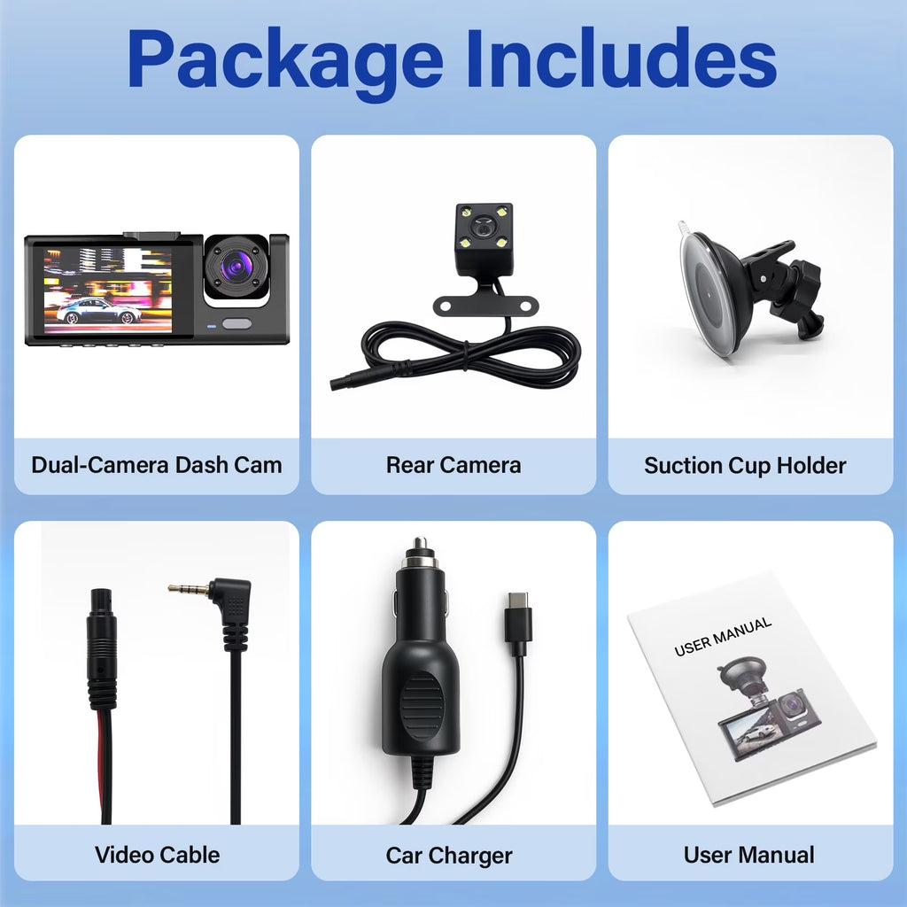 Dash Cam Front and Rear, 3 Channel Dash Cam, 1080P Dash Camera for Cars, Built-In Wi-Fi, Night Vision, Loop Recording