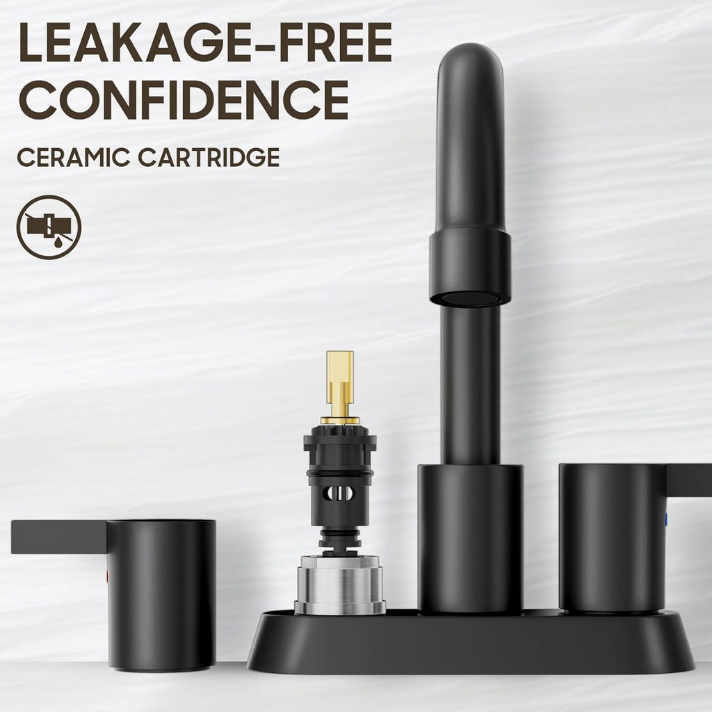 Modern Matte Black 4-Inch Bathroom Faucet with 360° Swivel Spout, Pop-Up Drain & Water Supply Lines - Phiestina Bf015-1-Mb
