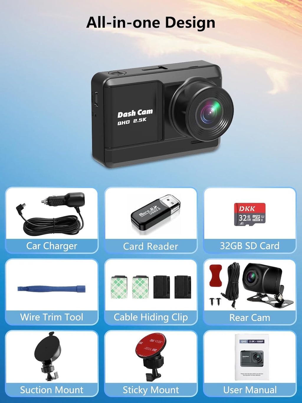 Dash Cam Front and Rear, 2.5K+1080P Dual Dash Camera for Cars with 32GB SD Card, 2.45 Inch IPS Screen, 2 Mounting Ways, Night Vision, WDR, Accident Lock, Loop Recording, Parking Monitor