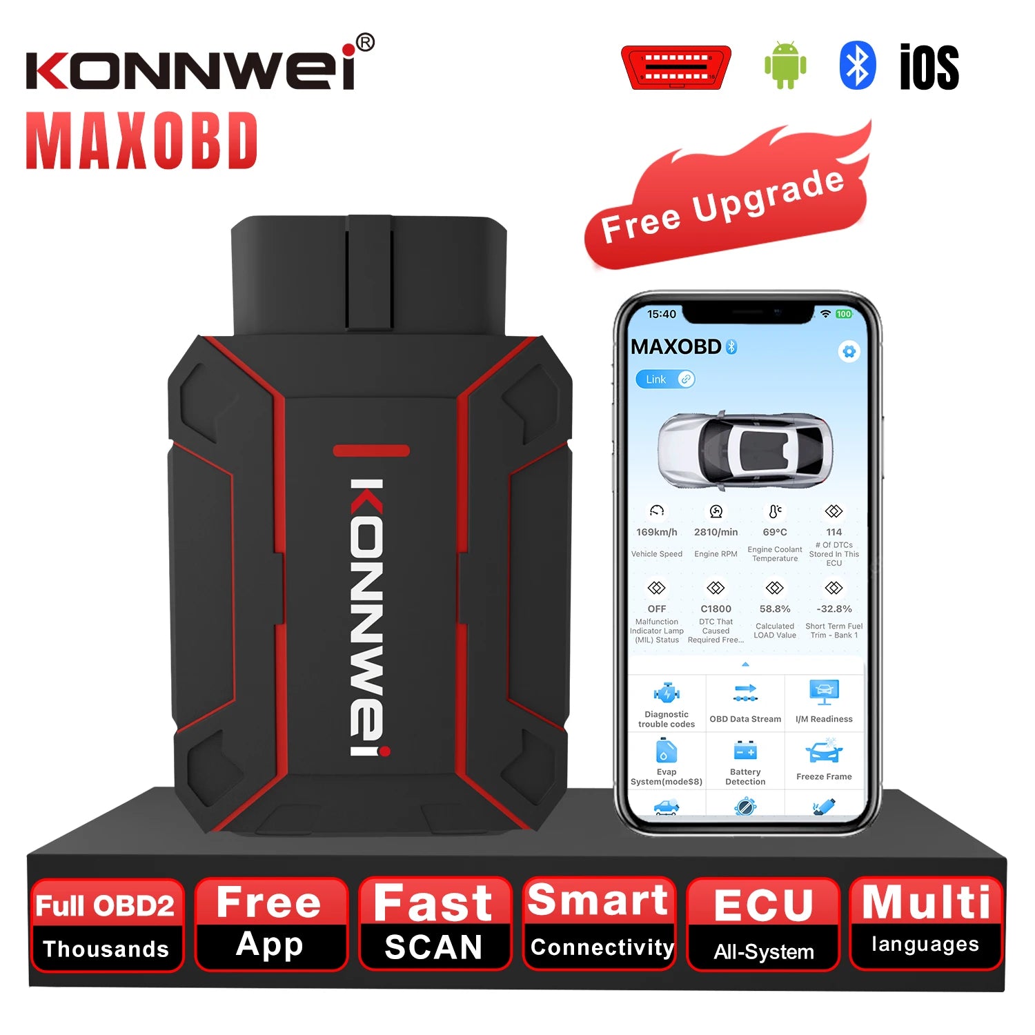 KONNWEI MAXOBD Full System OBD2 Scanner Bluetooth 5.2 Car Diagnostic Tool for Engine/Transmission/Abs/Airbag Code Reader