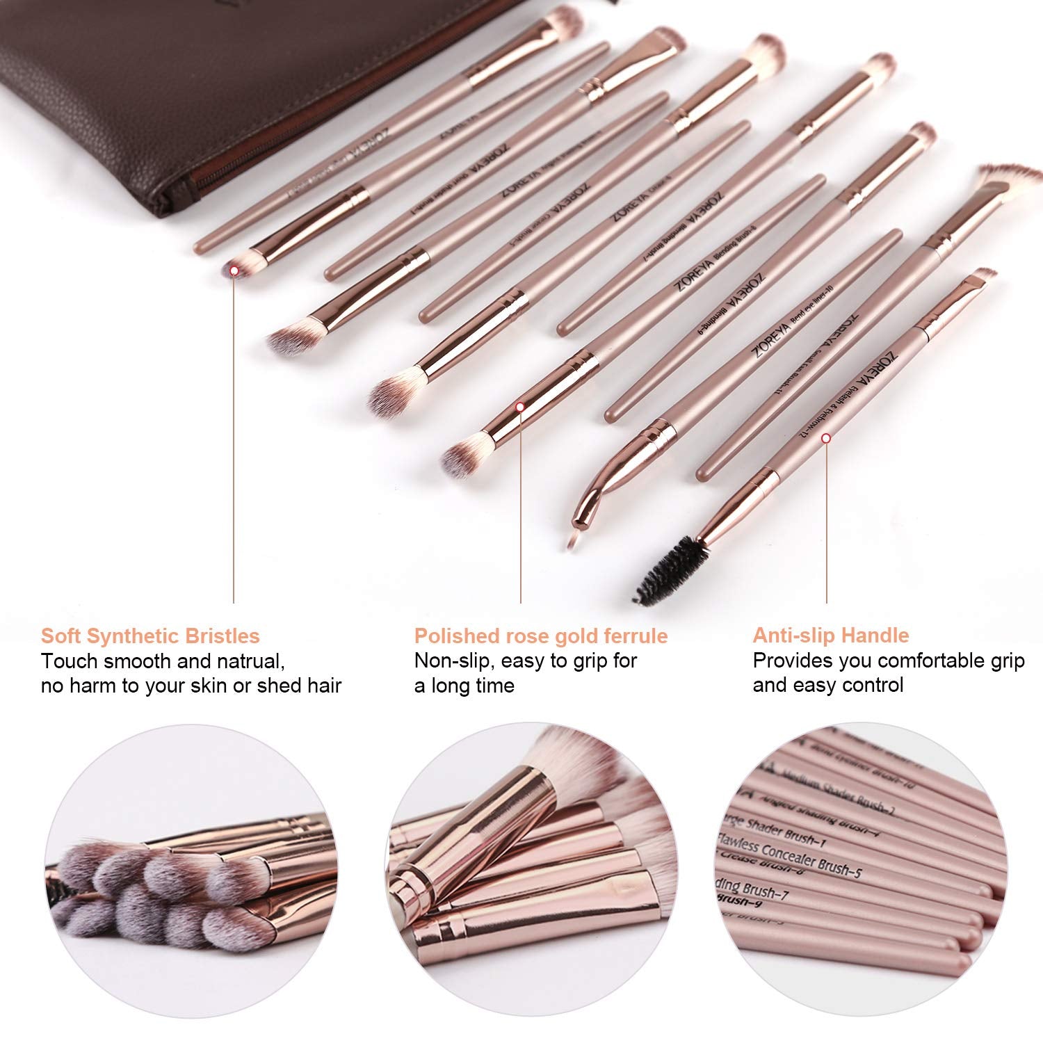 Z'OREYA Eye Makeup Brushes, 12 Pcs Professional Eye Brush Set Eyeshadow, Eyebrow, Blending, Fan, Eyelash Brush Set with Carrying Bag(Champagne Gold)
