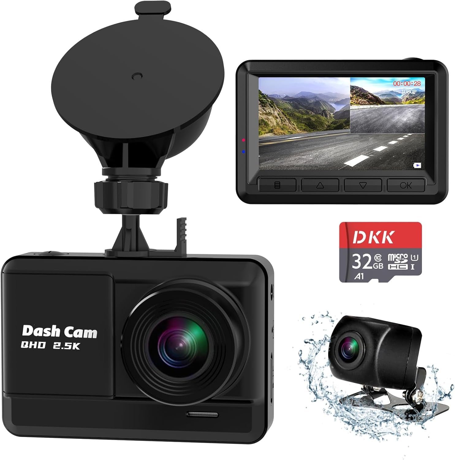 Dash Cam Front and Rear, 2.5K+1080P Dual Dash Camera for Cars with 32GB SD Card, 2.45 Inch IPS Screen, 2 Mounting Ways, Night Vision, WDR, Accident Lock, Loop Recording, Parking Monitor