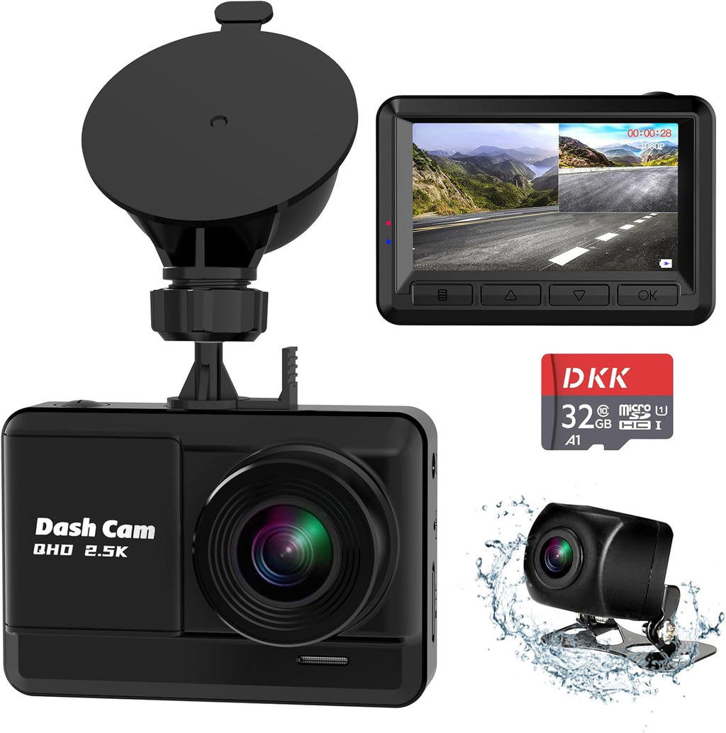 Dash Cam Front and Rear, 2.5K+1080P Dual Dash Camera for Cars with 32GB SD Card, 2.45 Inch IPS Screen, 2 Mounting Ways, Night Vision, WDR, Accident Lock, Loop Recording, Parking Monitor