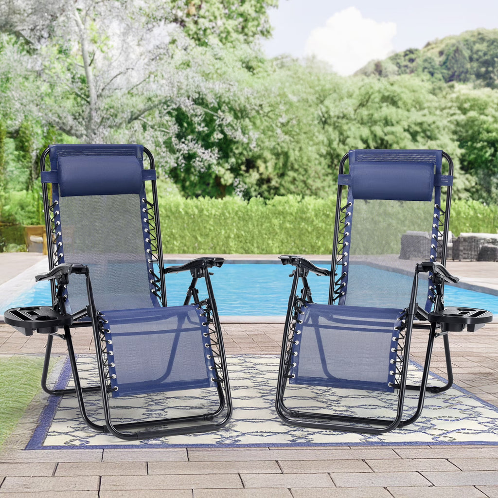 2PCS Zero Gravity Patio Recliner, Textilene Folding Lounge with Adjustable Pillow & Cup Tray, Blue