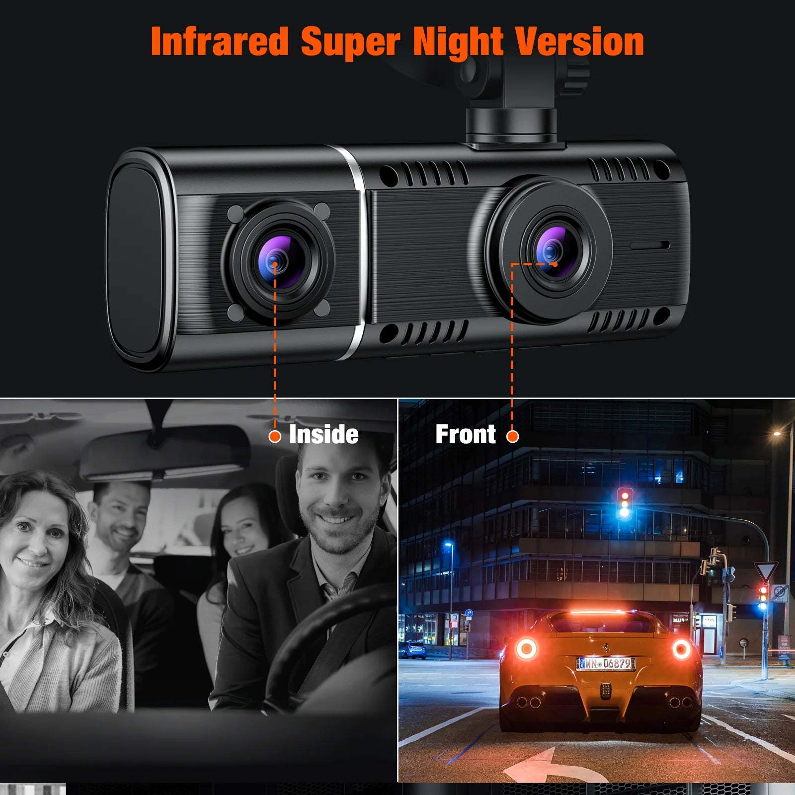 TOGUARD 3 Channel Dash Cam 1080P Dash Cam Front and Rea with 64GB SD Card Infrared Night Vision Car Camera, WDR, Emergency Lock, Parking Monitor