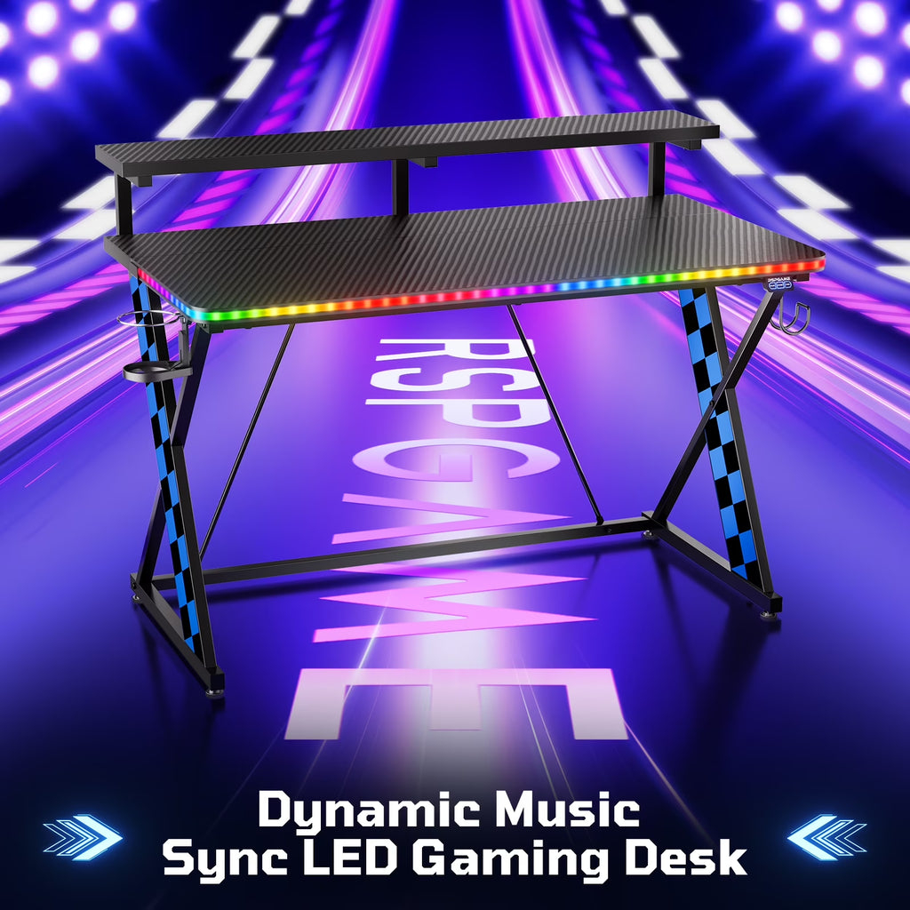 43" Music Sync LED Gaming Desk,X-Shape Ergonomic Monitor Stand Gamer Table,Pc Desk with Dynamic Lighting,Color Changing Office Desks,Blue Racing