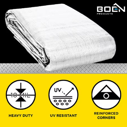 12 Ft. X 16 Ft. Heavy-Duty Commercial White Tarp Cover 10 Mil Thick Weave Material, Waterproof