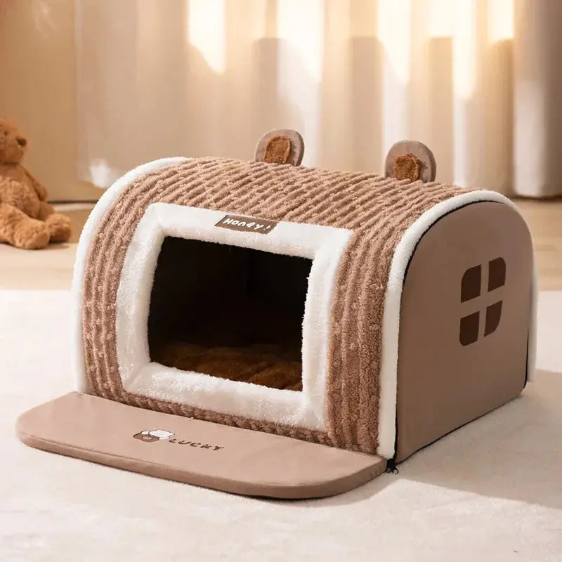 Three-Dimensional Bear Curved Cozy Winter Dog House and Cat Bed - Thickened Windproof Enclosure for Medium and Small Pets