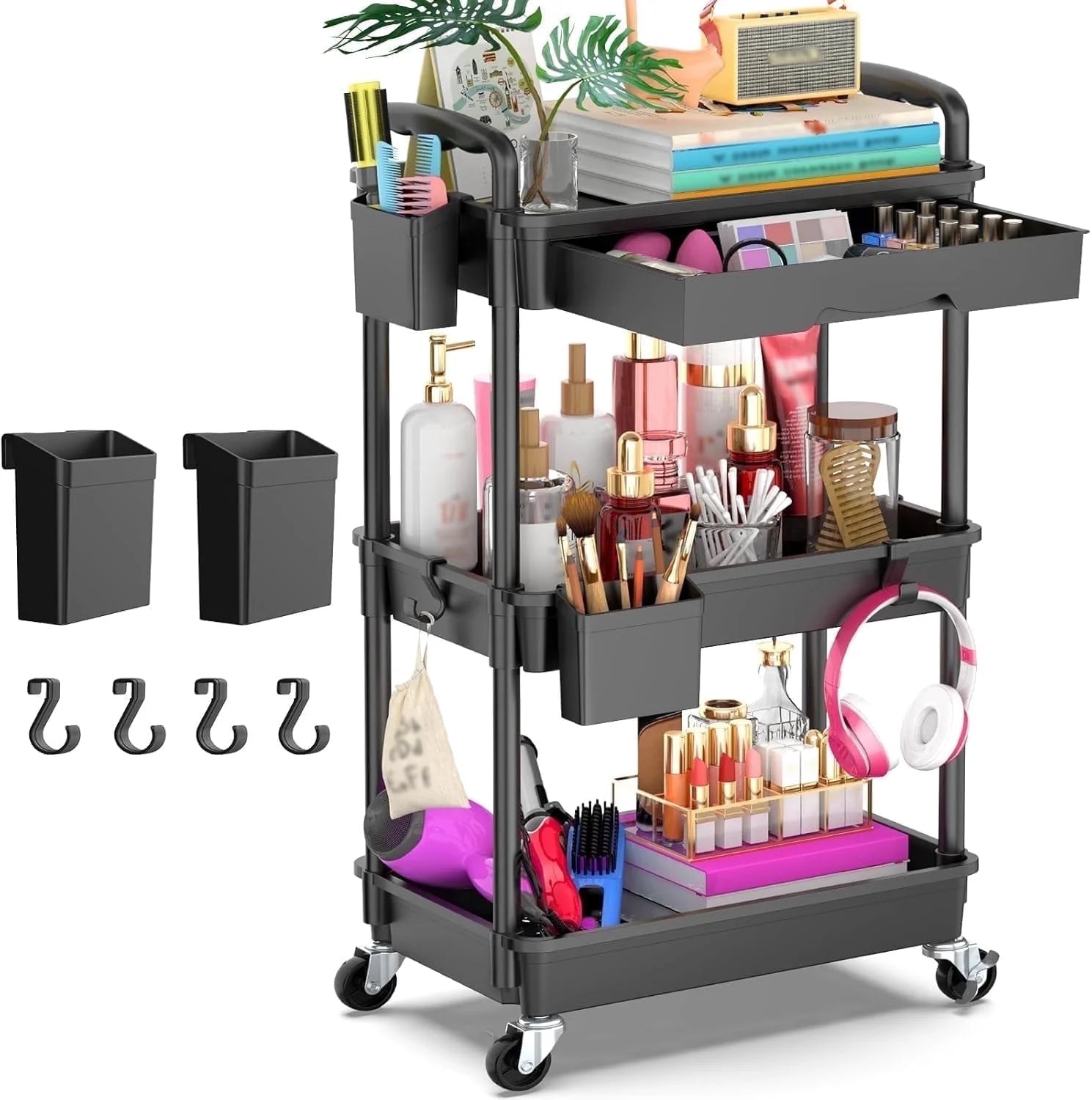 Yeabett 4 Tier Rolling Utility Cart Organizer with Removable Drawer, Mobile Storage Carts with 2 Lockable Wheels for Bathroom, Kitchen, Snack, Craft, Makeup, Baby Essentials，Purple