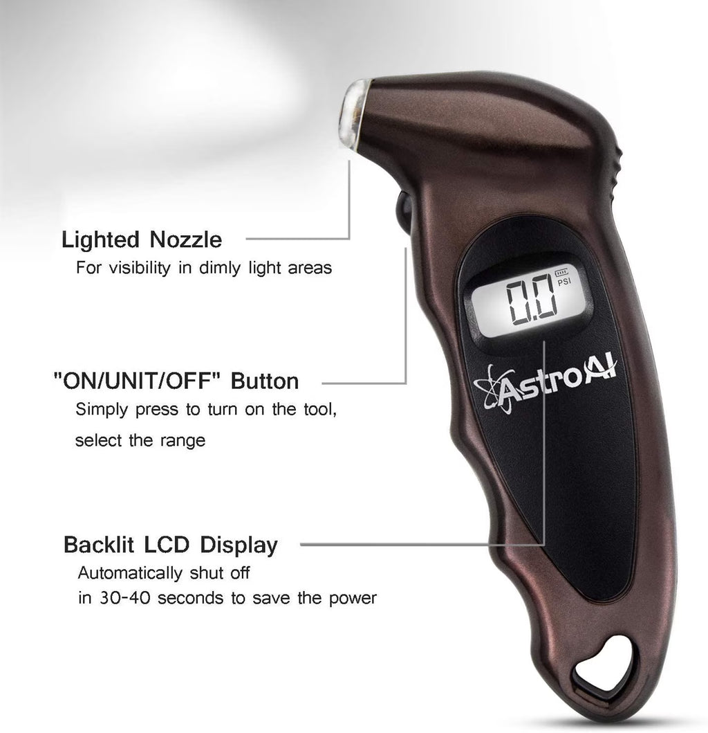 Digital Tire Pressure Gauge, Backlit LCD, 3A Battery, 150 PSI, Brown, 1 Pack, for Car/Truck/Bicycle