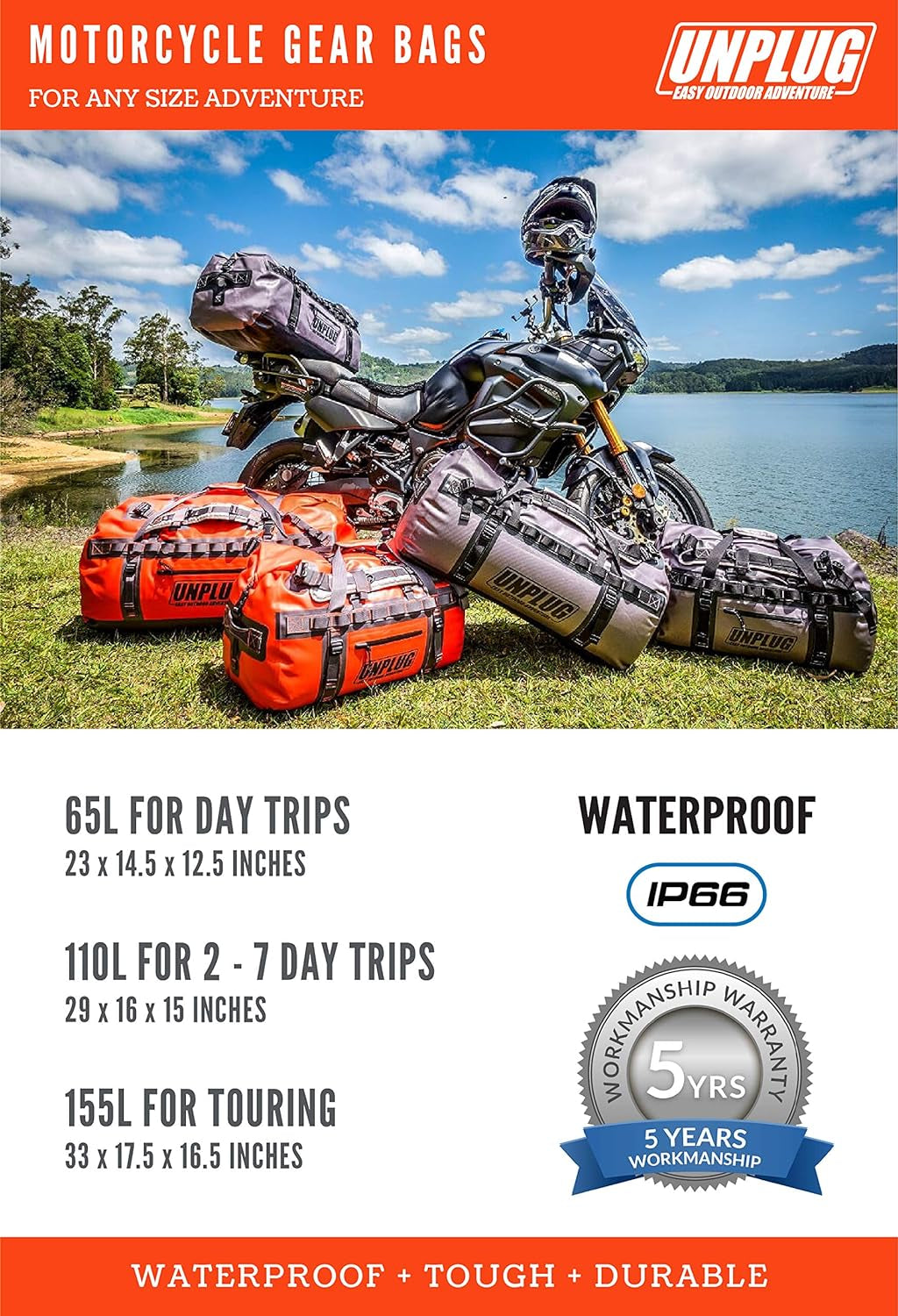 UNPLUG Ultimate Adventure | 1680D Heavy Duty Waterproof Bag | Large Travel Bag Which Can Be Used for Camping, Motorcycling, Boating, or Hunting|155L Adventure Orange