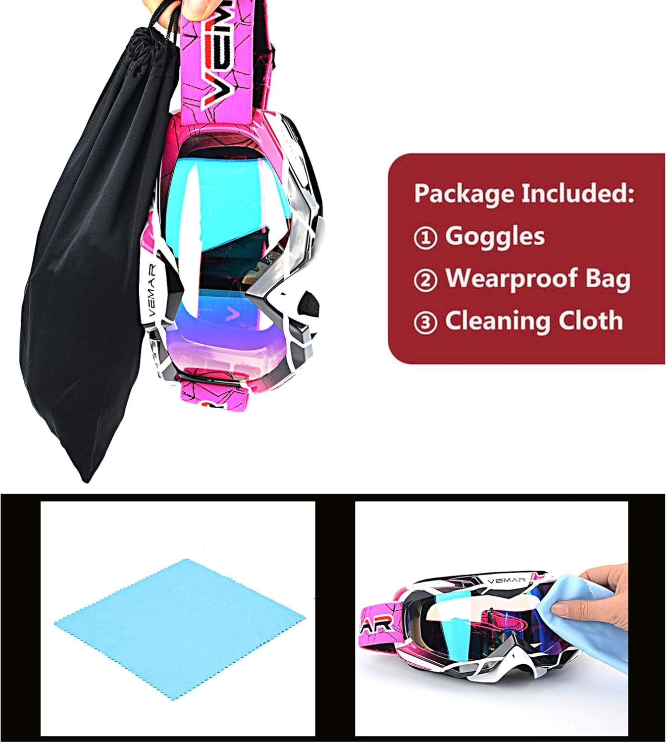 Pink Motorcycle Motocross Goggles - Windproof, Dustproof, Scratch Resistant ATV Racing & Dirt Bike Safety Glasses