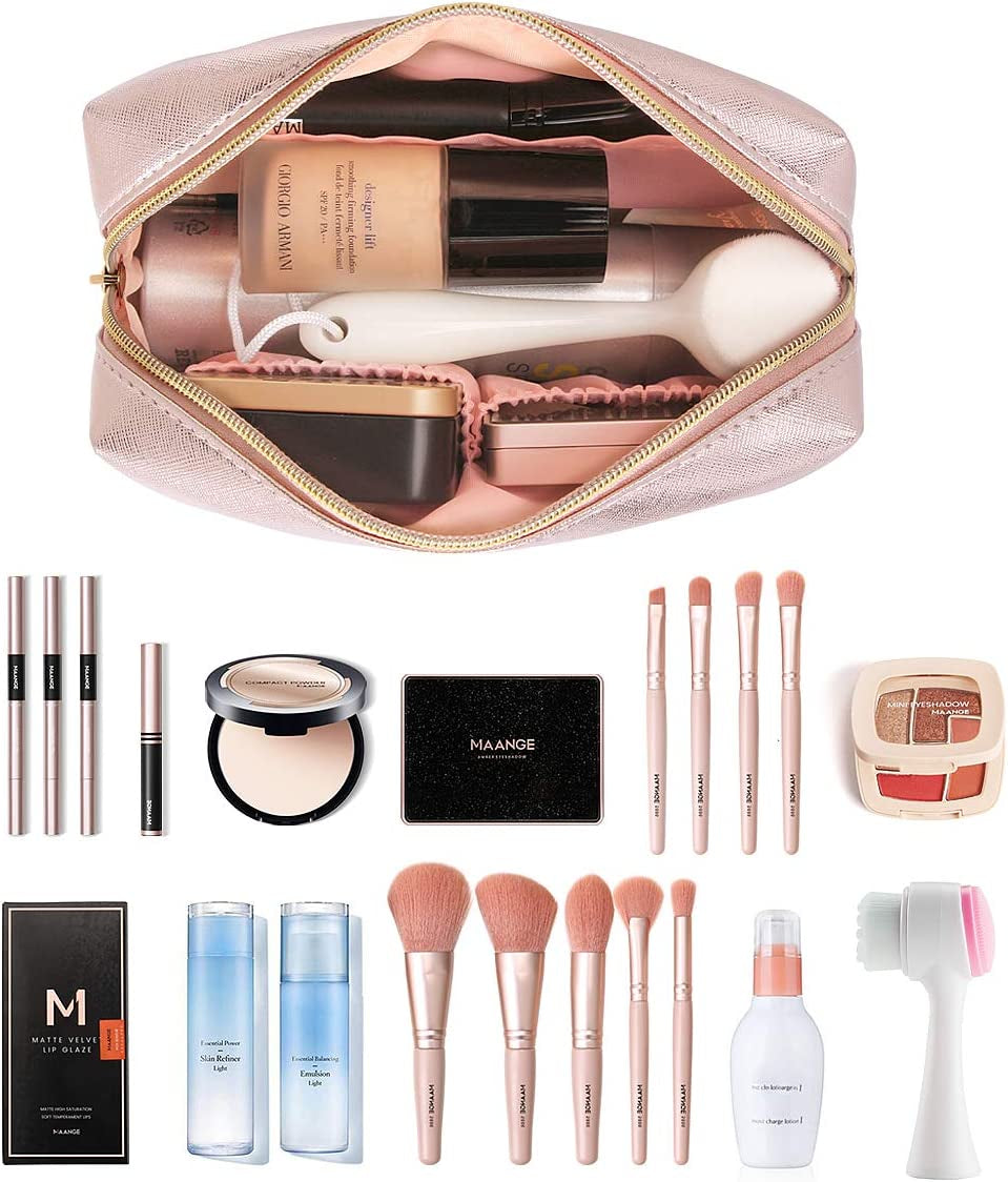 MAANGE 3 Pcs Makeup Bag Portable Travel Cosmetic Bag Large Makeup Bag Organizer with Gold Zipper Waterproof Toiletry Bags for Women and Girls(Rose Gold)