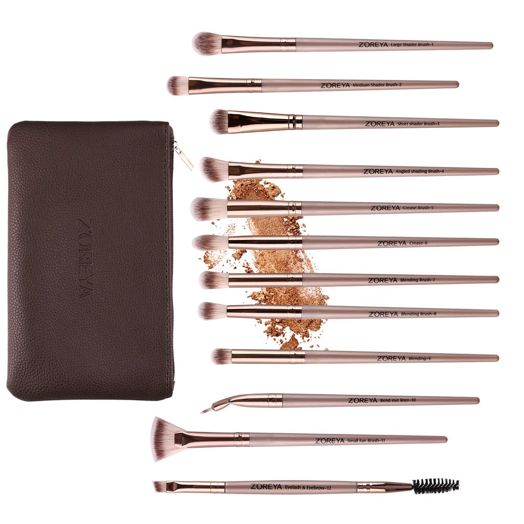 Z'OREYA Eye Makeup Brushes, 12 Pcs Professional Eye Brush Set Eyeshadow, Eyebrow, Blending, Fan, Eyelash Brush Set with Carrying Bag(Champagne Gold)