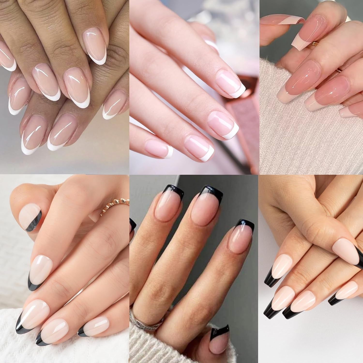 Stylish 6 Pack French Tip Press-On Nails - Almond, Square & Coffin Shapes in Elegant White & Bold Black, Complete with Glue!