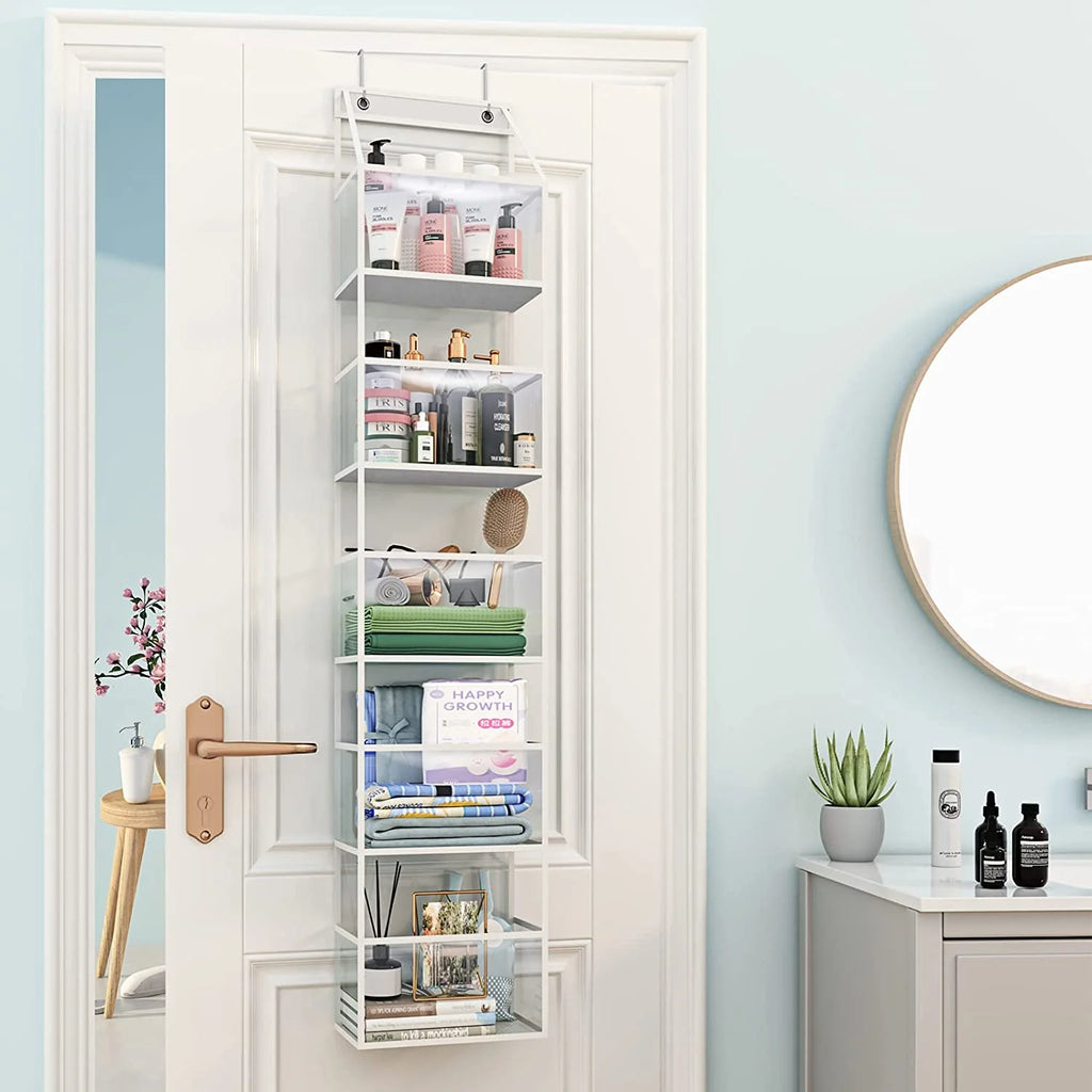 Ohhgo over the Door Hanging Pantry Organizer 6-Shelf behind the Door Storage Organizer with Clear Plastic Pockets Large Capacity for Closet Bedroom Bathroom (White)