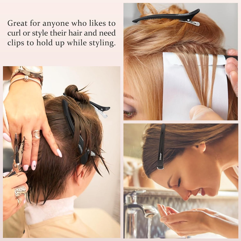 AIMIKE 6Pcs Professional Hair Clips for Styling Sectioning, Non Slip No-Trace Duck Billed Hair Clips with Silicone Band, Salon and Home Hair Cutting Clips for Hairdresser, Women, Men - Black 4.3” Long