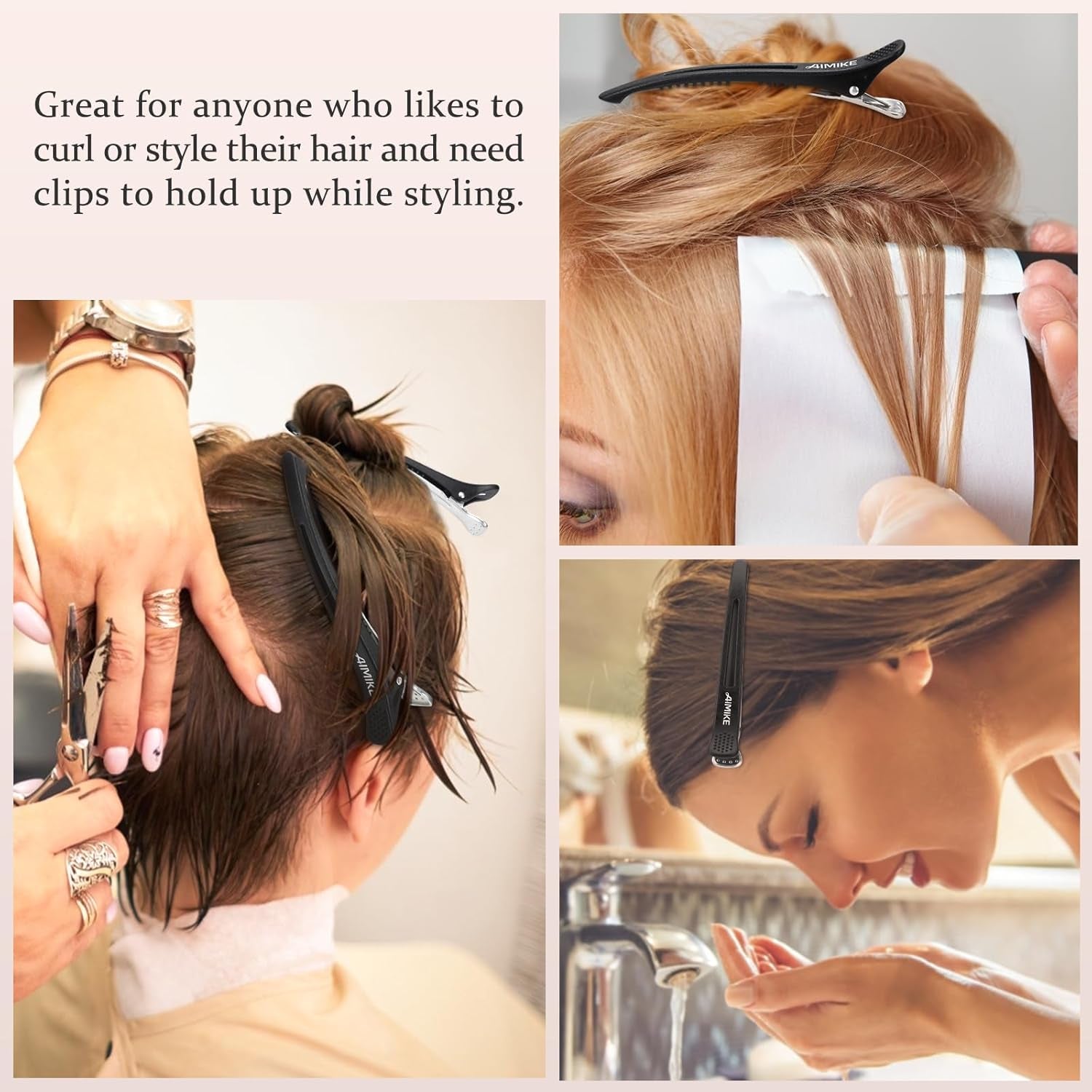 AIMIKE 6Pcs Professional Hair Clips for Styling Sectioning, Non Slip No-Trace Duck Billed Hair Clips with Silicone Band, Salon and Home Hair Cutting Clips for Hairdresser, Women, Men - Black 4.3” Long