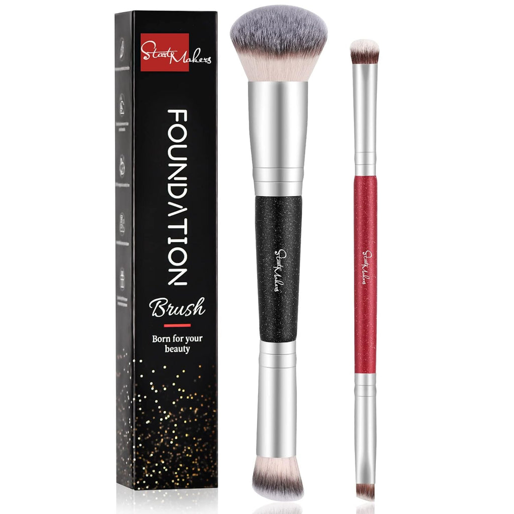 Makeup Brushes Dual-Ended Foundation Brush - START MAKERS 2-In-1 Concealer Brush Face Eyebrow Eyeshadow Brush for Liquid, Powder, Buffing, Blending, Contouring Foundation Make up Brushes(2Pcs)