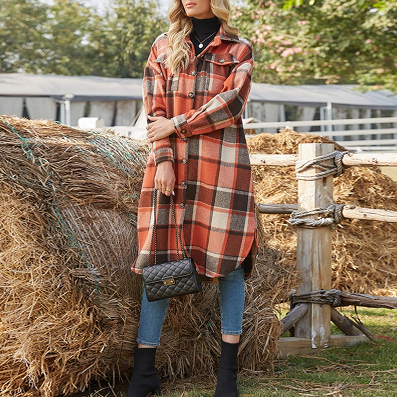 Ainangua Women'S Casual Wool Blend Long Plaid Shirt Jacket Button down Pocketed Shirt Shacket