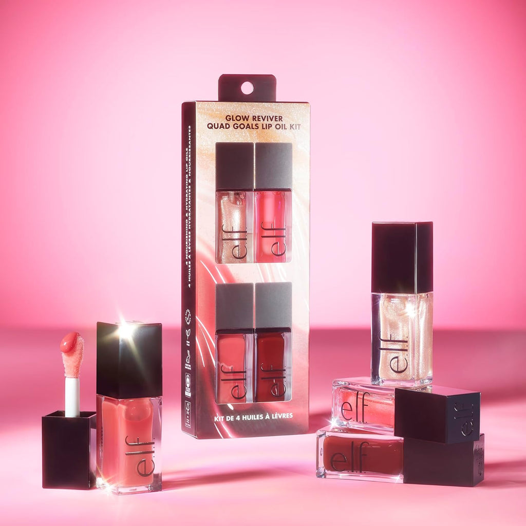 E.L.F. Glow Reviver Quad Goals Lip Oil Kit, 4 Hydrating, Non-Sticky Glossy Tinted Lip Oils, Lip Gloss Set, Moisturizing Lip Care, Vegan & Cruelty-Free