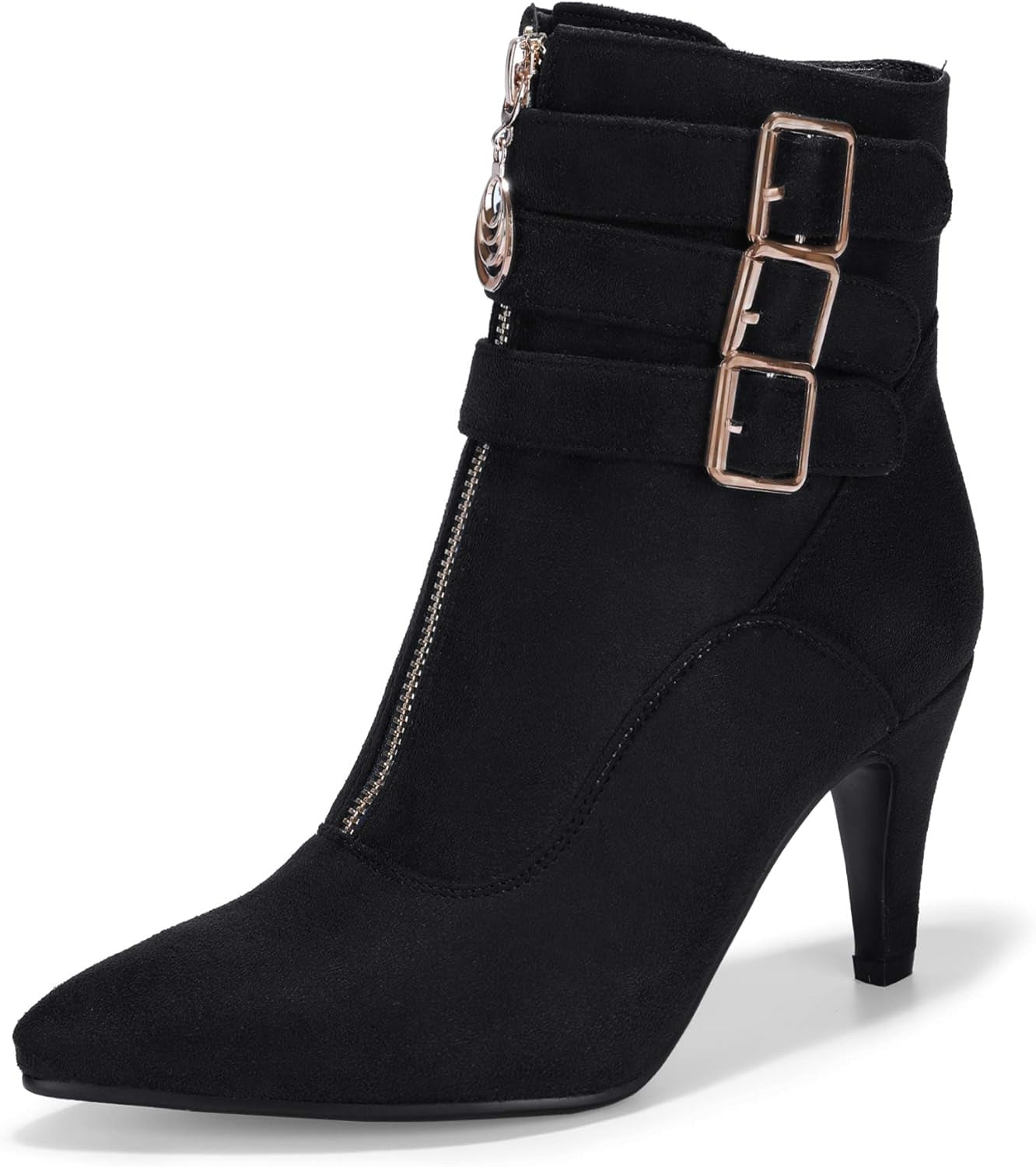 IDIFU Women'S Pointed Toe Metal Buckle Two Strap Ankle Booties Side Zipper Kitten Heel Dress Classic Short Boots