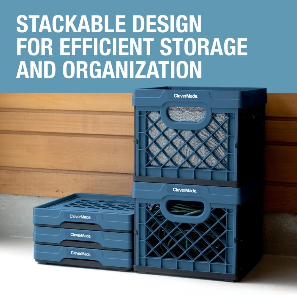 Clevermade Heavy Duty Collapsible Milk Crate - 25L (6.6 Gal) Stackable Storage Solution with File Rails - Obsidian Color