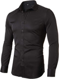 FLY HAWK Mens Fiber Casual Button up Slim Fit Collared Formal Shirts, Black Button down Shirt