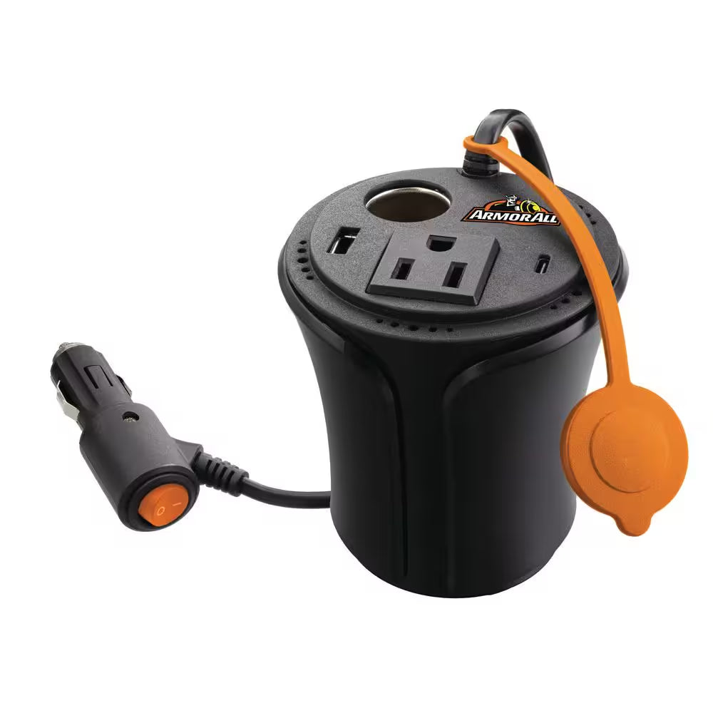 150W Cup Holder Power Inverter, DC AC USB Type-C, Extend Power to Back of Car