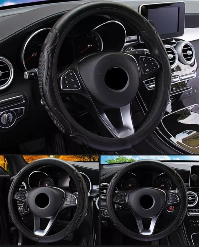 2Pcs Car Steering Wheel Cover Anti-Slip 15'' Universal Black Leather Car Accessories